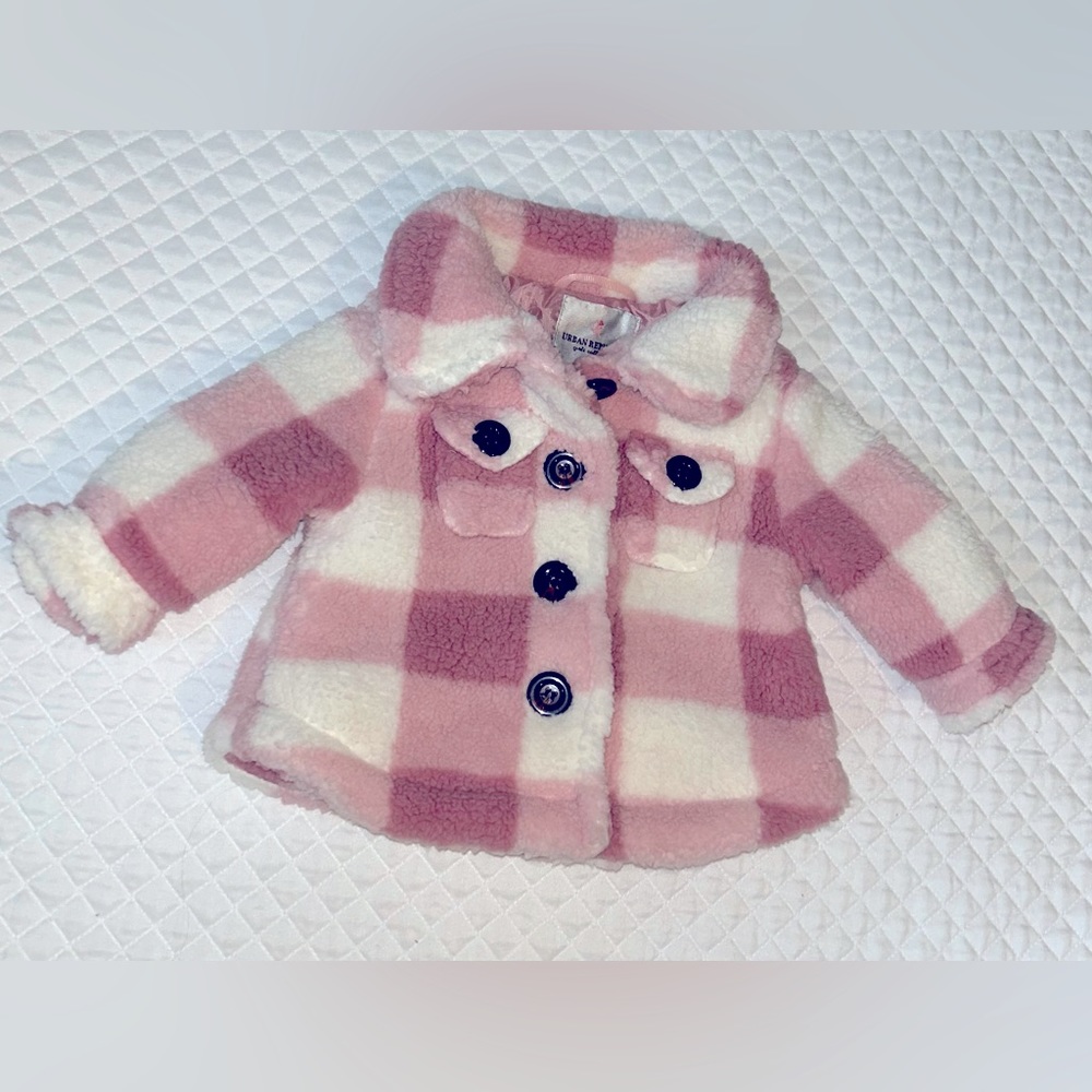 Urban Republic Infant Girls Sherpa Plaid Pink & White Coat Button Size 3-6 mths